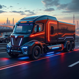 A futuristic truck design with a robust and powerful appearance, featuring a streamlined body and advanced aerodynamic elements