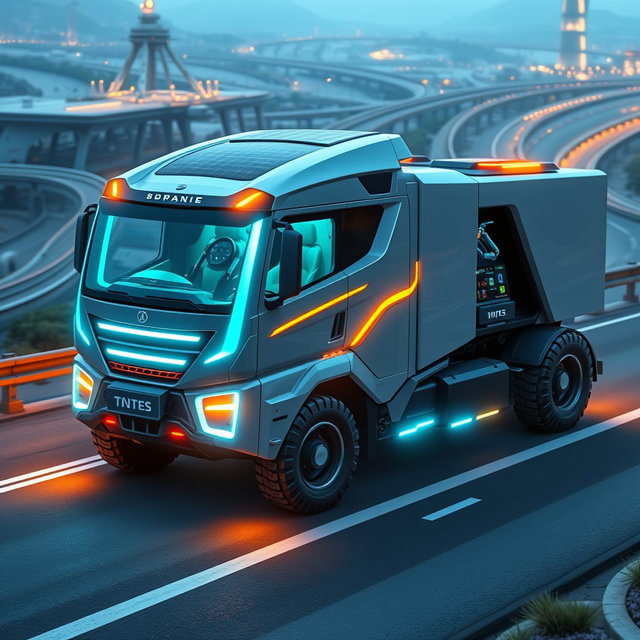 A futuristic truck design with a robust and powerful appearance, featuring a streamlined body and advanced aerodynamic elements