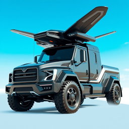 A futuristic black truck with silver accents, featuring a robust and muscular design