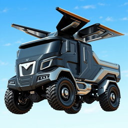 A futuristic black truck with silver accents, featuring a robust and muscular design