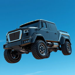 A futuristic black truck with silver accents, featuring a robust and muscular design