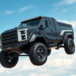 A futuristic black truck with silver accents, featuring a robust and muscular design