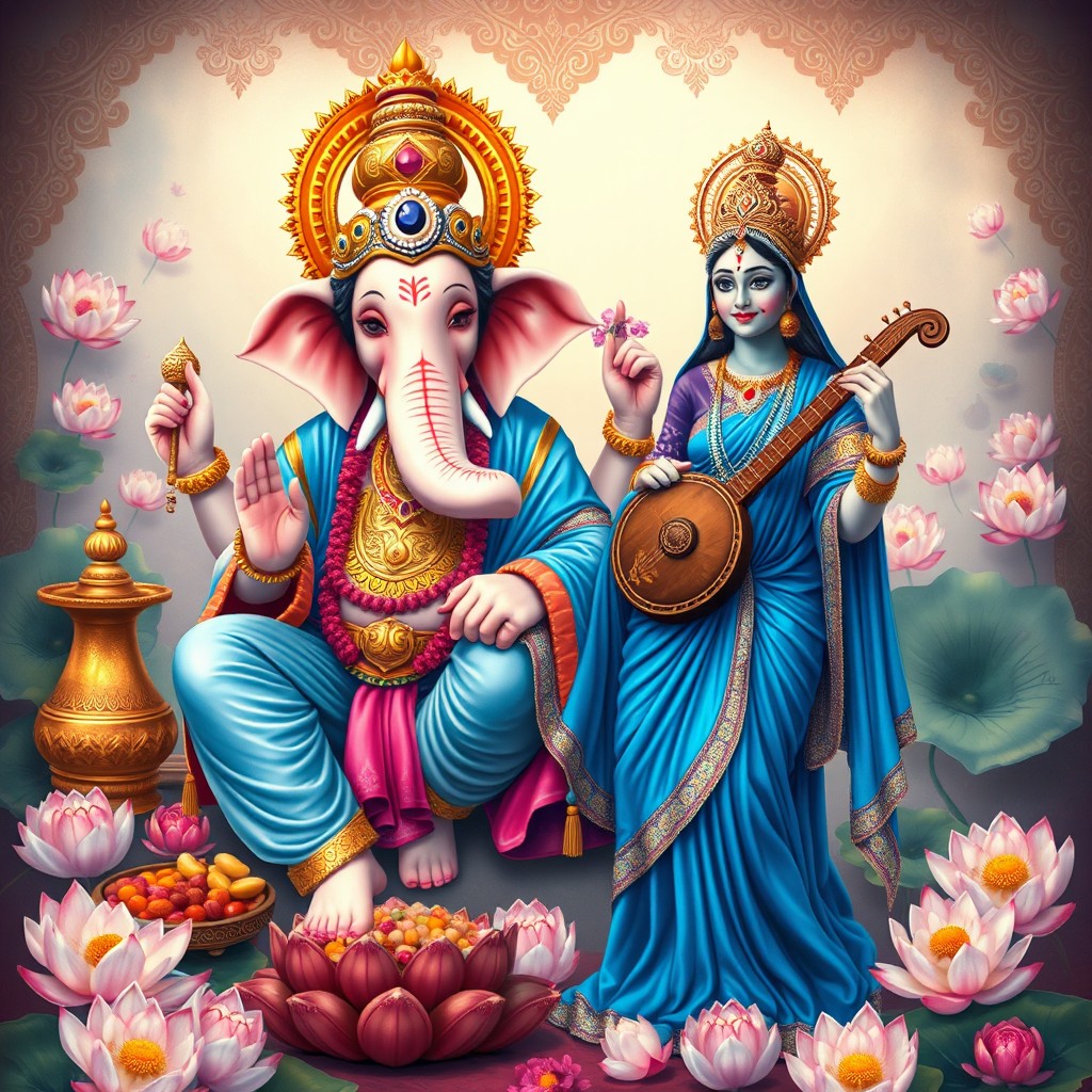 A detailed and vibrant depiction of Ucchista Ganapati, the deity featured with an elephant head, adorned in traditional attire with a ceremonial crown, surrounded by various offerings like sweets, flowers, and sacred items