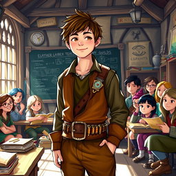 A young human adventurer guild teacher standing in a vibrant, medieval classroom filled with maps, magical artifacts and books