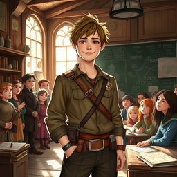 A young human adventurer guild teacher standing in a vibrant, medieval classroom filled with maps, magical artifacts and books