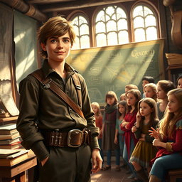 A young human adventurer guild teacher standing in a vibrant, medieval classroom filled with maps, magical artifacts and books