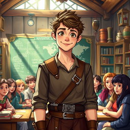 A young human adventurer guild teacher standing in a vibrant, medieval classroom filled with maps, magical artifacts and books