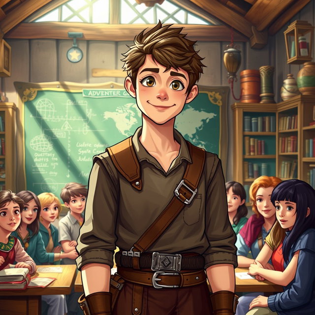 A young human adventurer guild teacher standing in a vibrant, medieval classroom filled with maps, magical artifacts and books