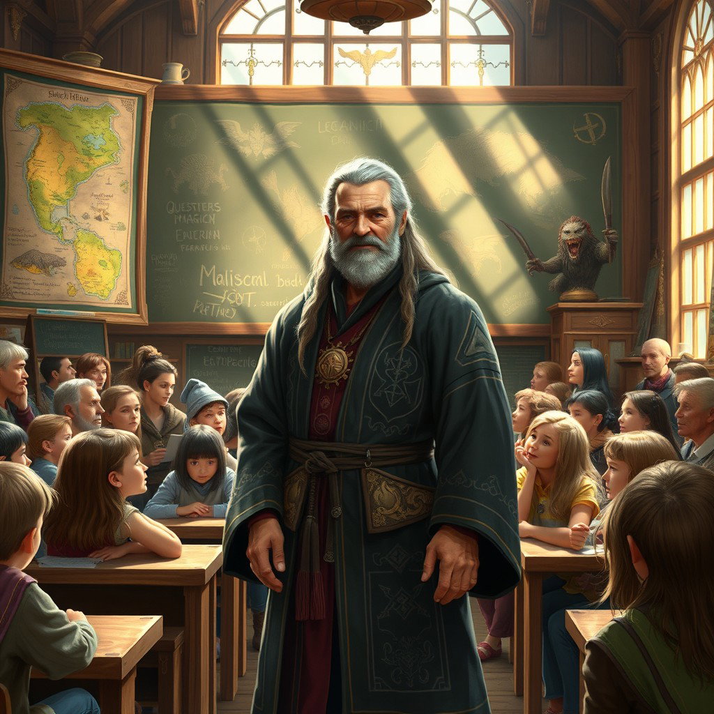 A human adventurer guild teacher in a richly detailed fantasy classroom
