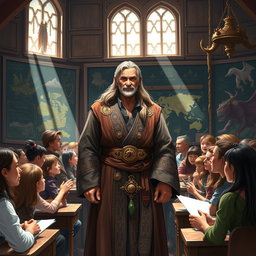 A human adventurer guild teacher in a richly detailed fantasy classroom