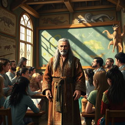 A human adventurer guild teacher in a richly detailed fantasy classroom