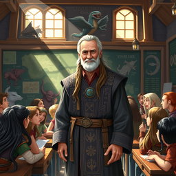 A human adventurer guild teacher in a richly detailed fantasy classroom