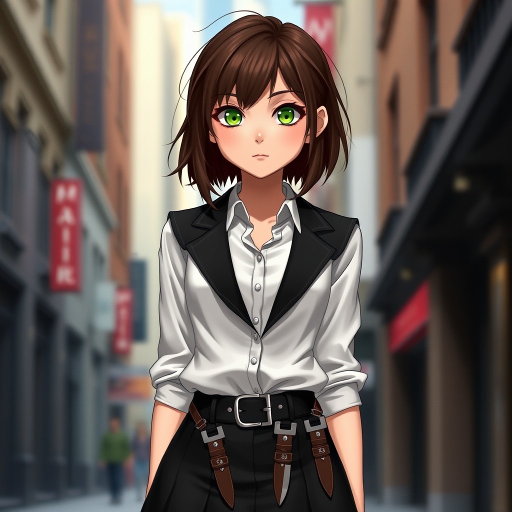 A short brunette girl with striking green eyes, wearing a stylish black skirt and a crisp white button-up shirt