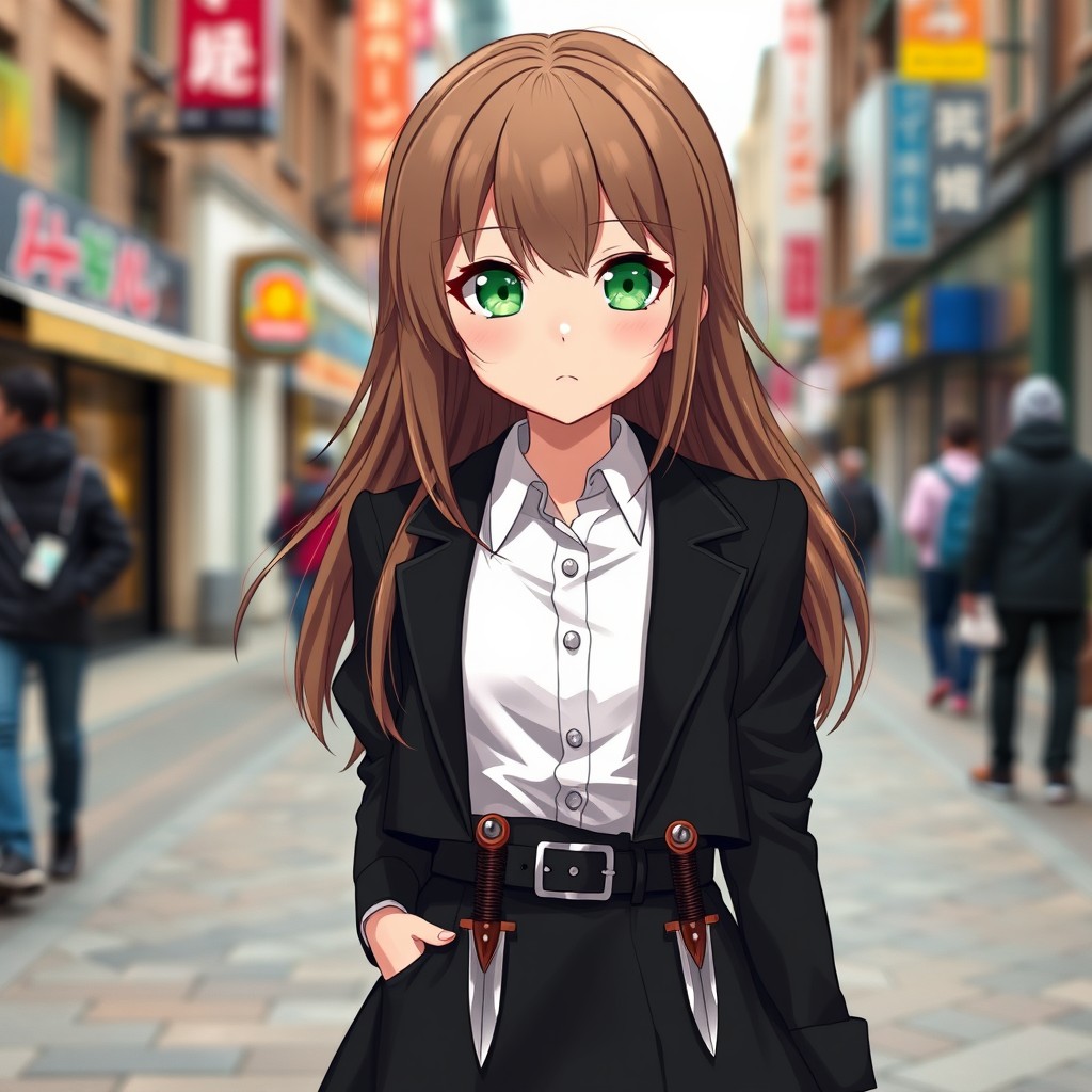 A short girl with long light brown hair and captivating green eyes, dressed in a fashionable black skirt and a white button-up shirt