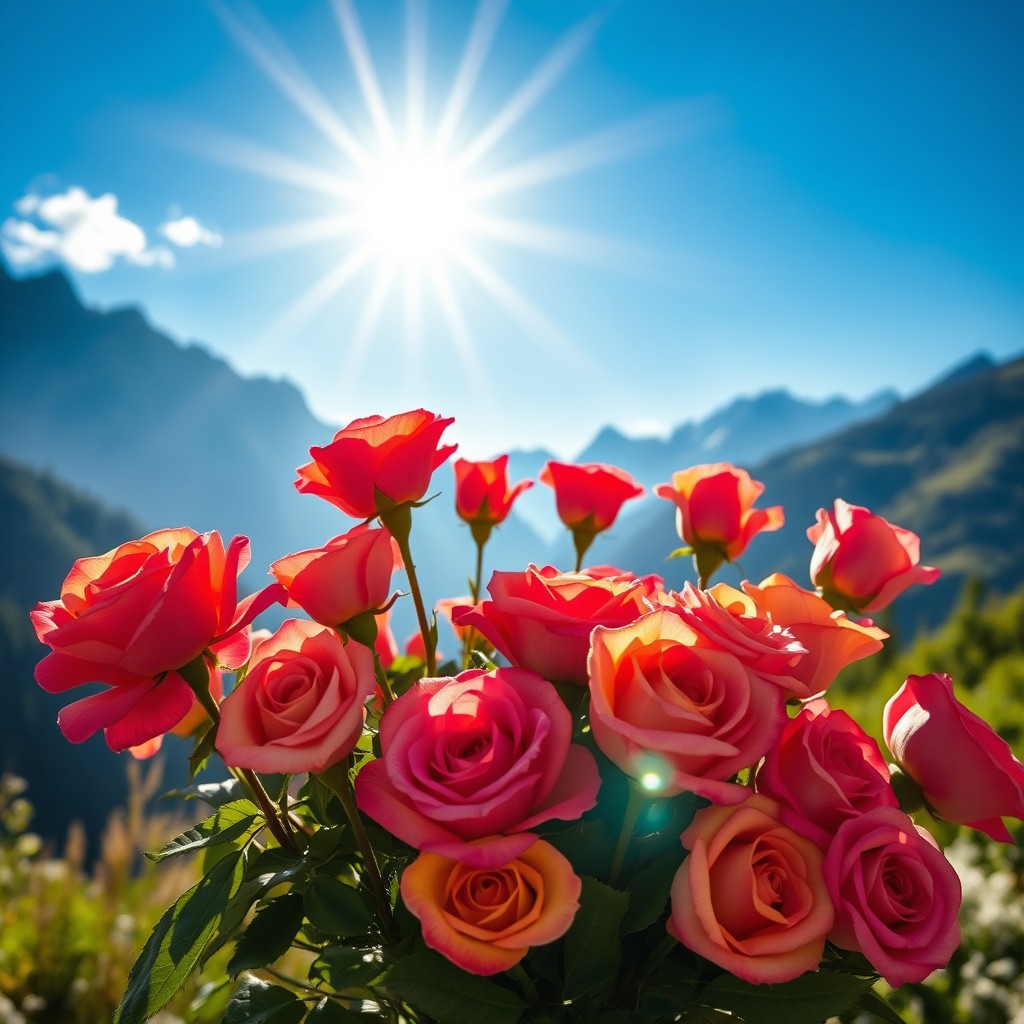 A beautiful Saturday scene featuring a vibrant bouquet of colorful roses in full bloom, placed in a picturesque mountain setting