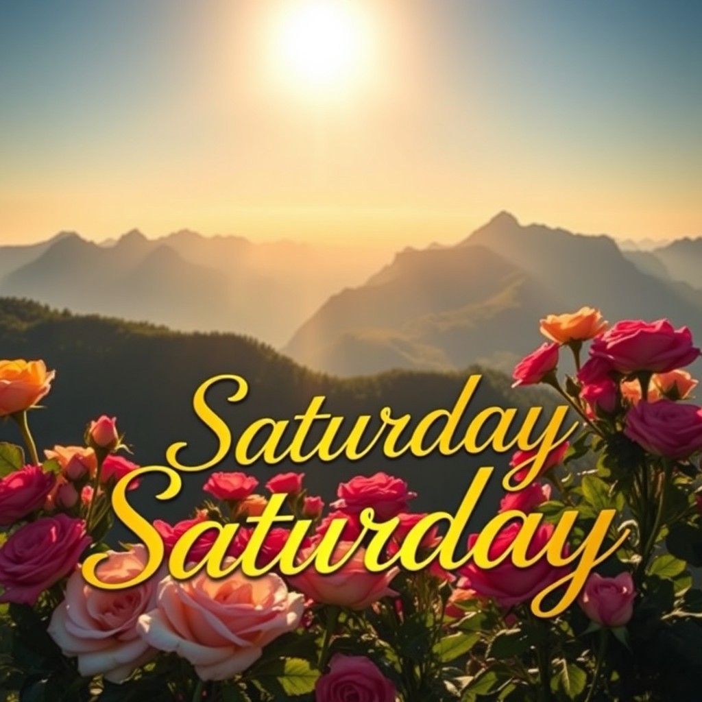 A vibrant composition showcasing the words 'Happy Saturday' beautifully scripted in elegant gold cursive font, prominently displayed in the foreground