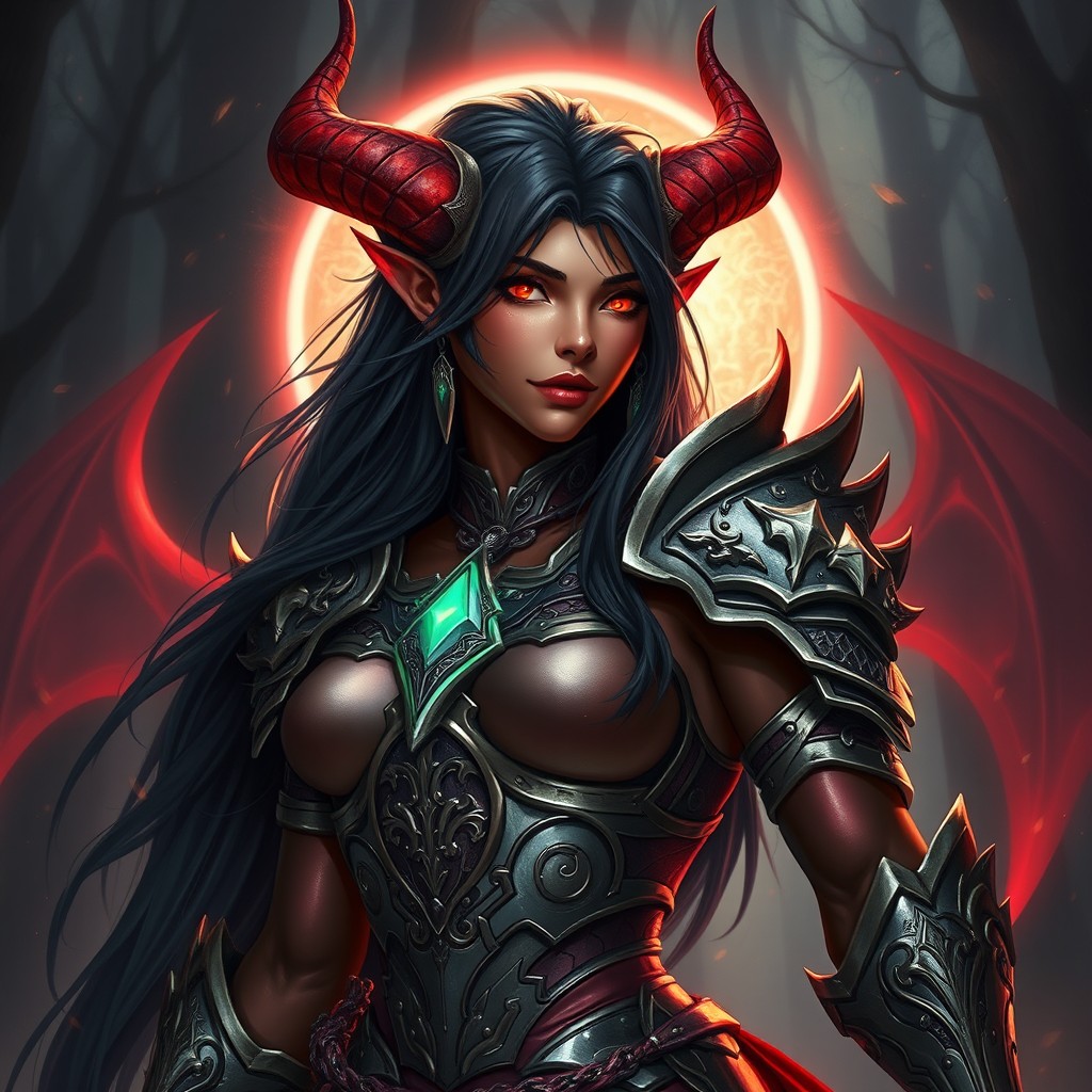 A striking half-demon female warpriest with alluring features and a fierce expression, her skin a mix of vibrant red and subtle human tones, and her long, dark hair cascading down her back