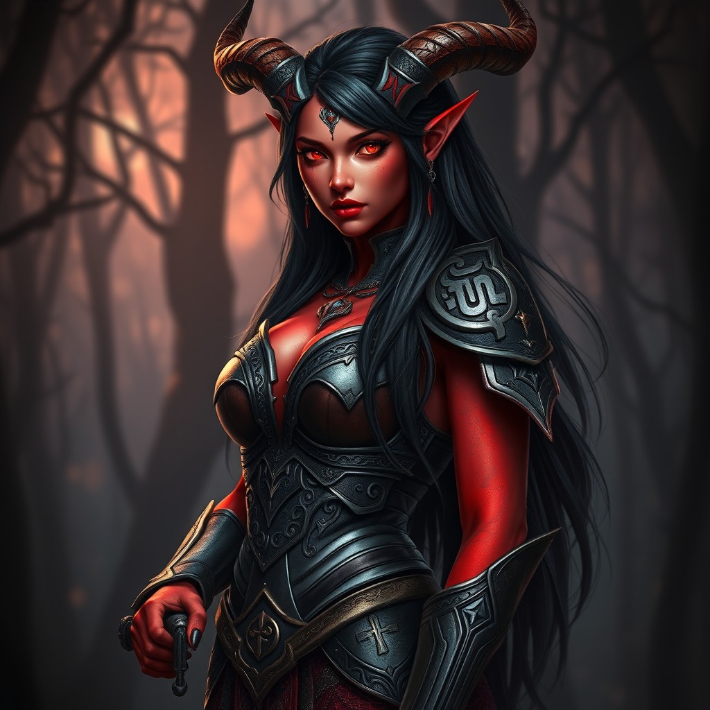 A full-body portrait of a captivating half-demon female warpriest, showcasing her unique features: skin in vibrant shades of red blended with subtle human tones, long flowing dark hair that cascades over her shoulders, and mesmerizing glowing eyes
