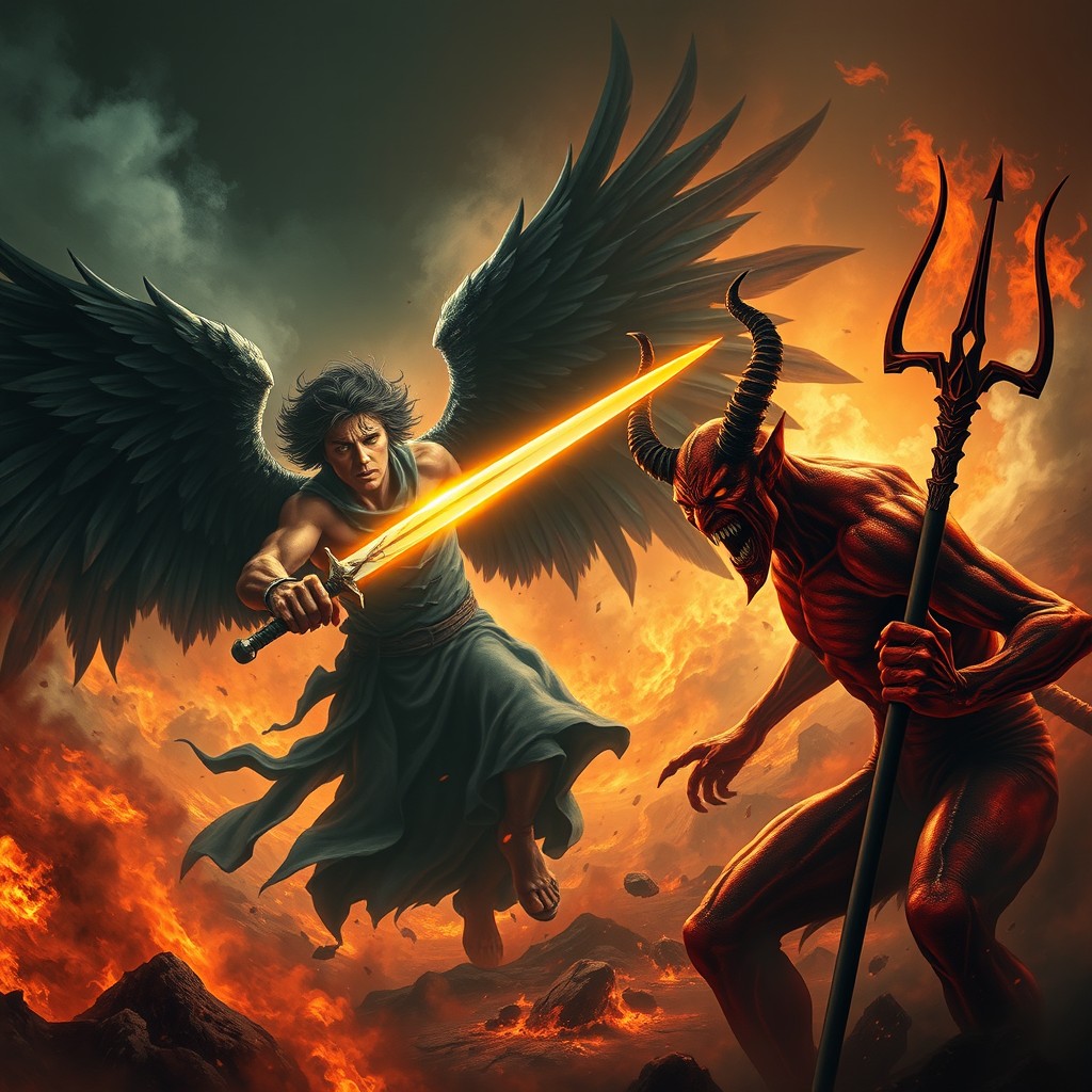 A dramatic battle scene between a fallen angel and a devil in a fiery, apocalyptic landscape