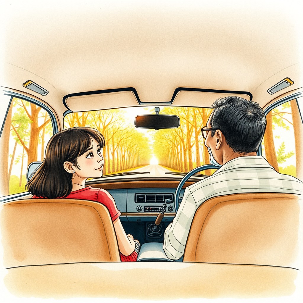 A hand-drawn watercolor illustration depicting the interior view of a vintage car