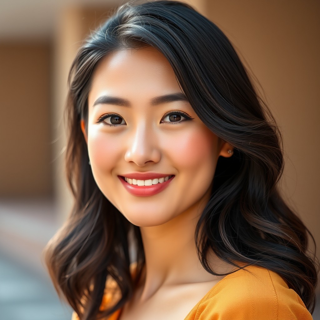 A realistic portrait of a beautiful young woman with a mixed heritage of Chinese, English, and Indonesian