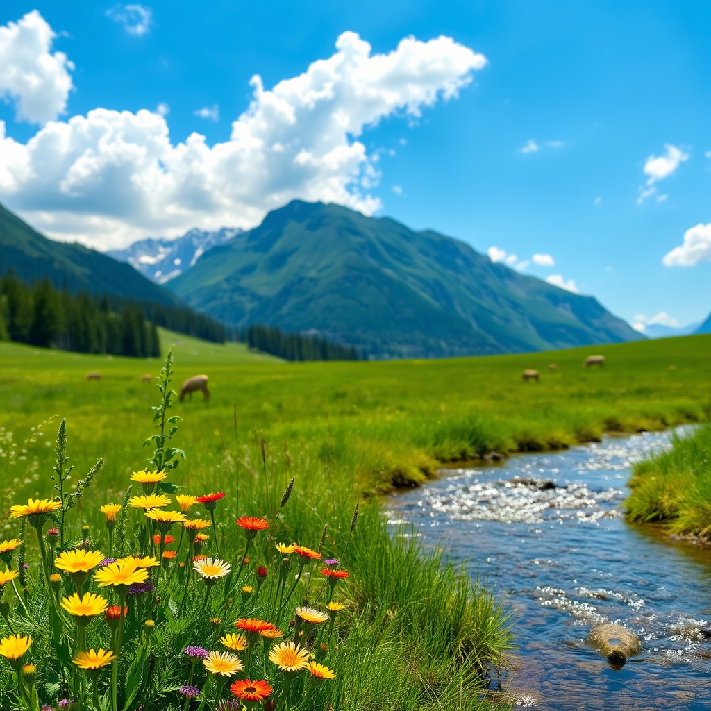 A serene and tranquil landscape, featuring a lush, green meadow under a bright blue sky with fluffy white clouds