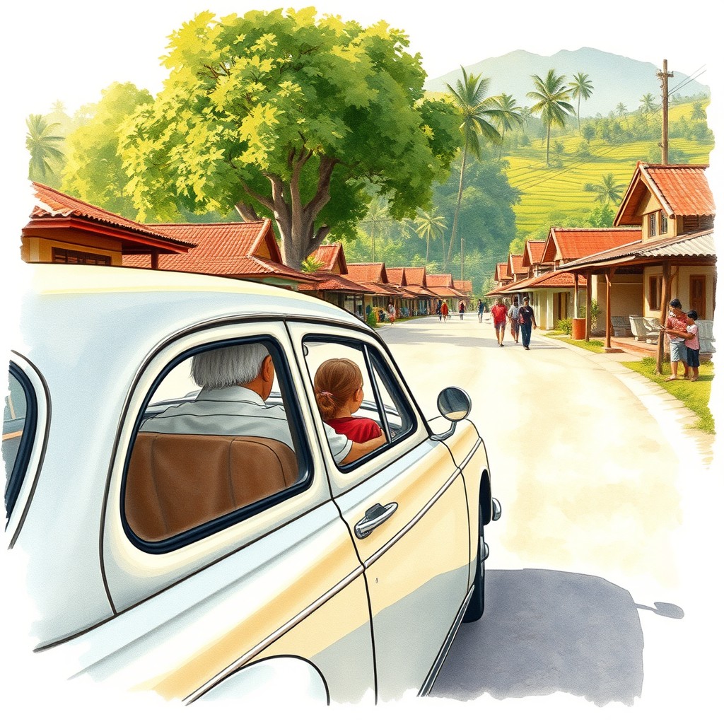 A hand-drawn watercolor illustration showcasing the exterior view of a vintage Fiat classic car driving through a peaceful small town street in Bojonegoro