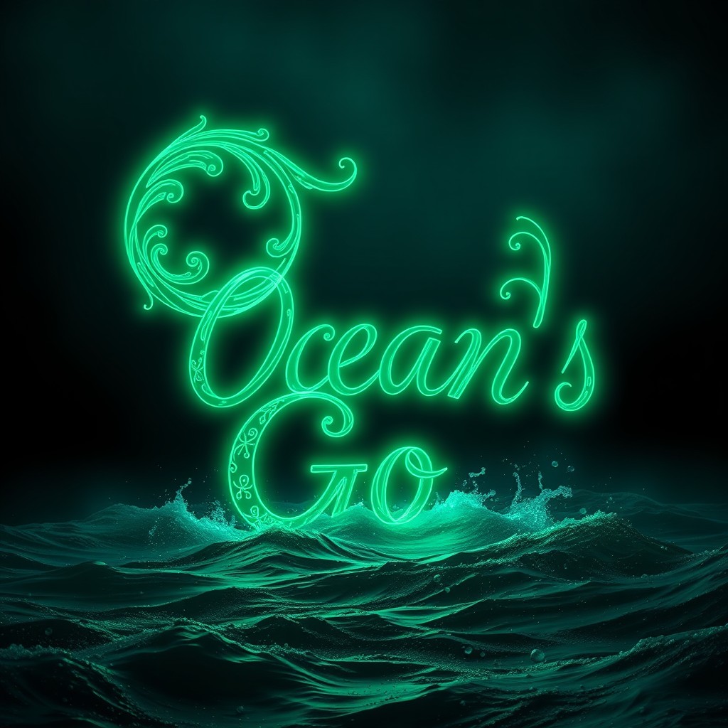 An ethereal scene depicting the letter of Ocean's God, crafted in luminous green light
