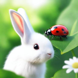 An adorable digital art image showcasing a vibrant red ladybug perched gently on the nose of a fluffy white bunny