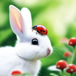 An adorable digital art image showcasing a vibrant red ladybug perched gently on the nose of a fluffy white bunny