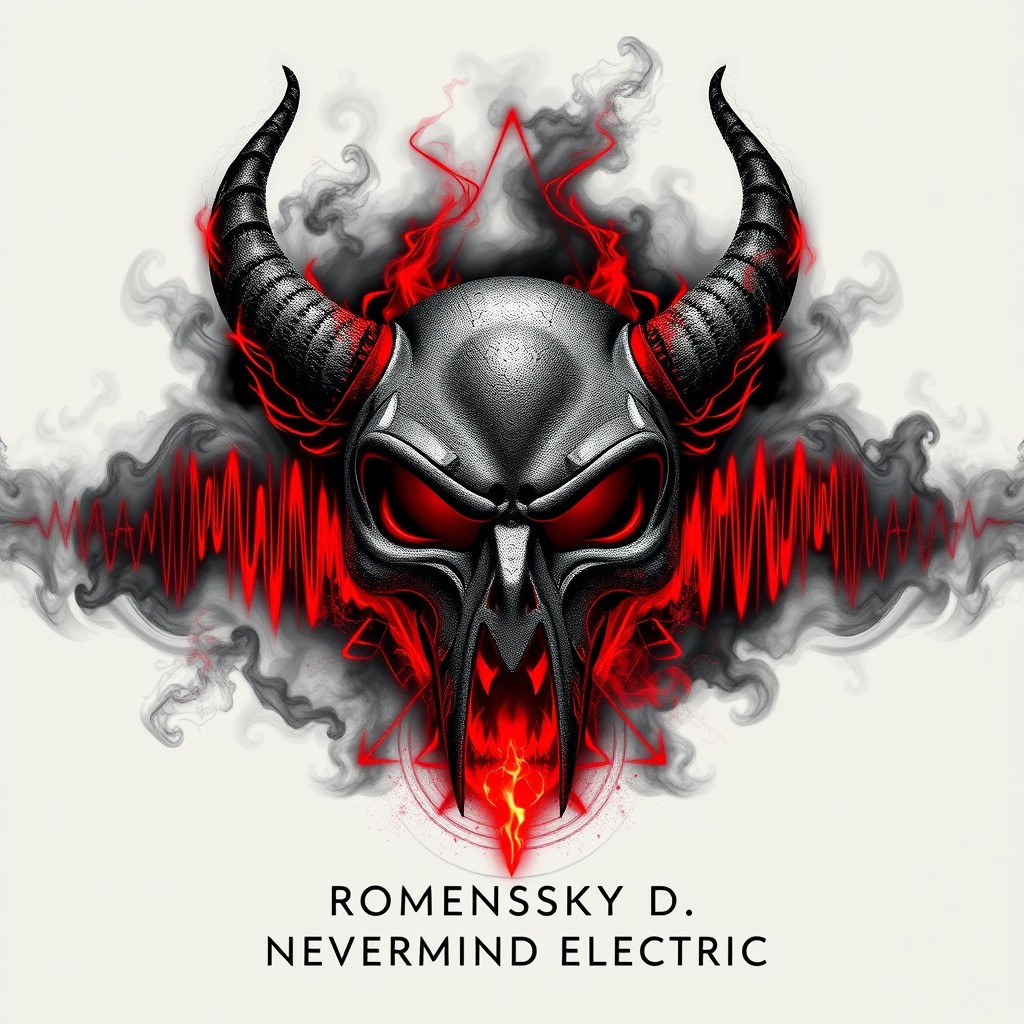 An abstract visualization of sound featuring pulsating waves in the shape of a horned mask, textured with smoke and flames