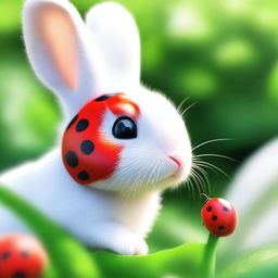 An adorable digital art image showcasing a vibrant red ladybug perched gently on the nose of a fluffy white bunny