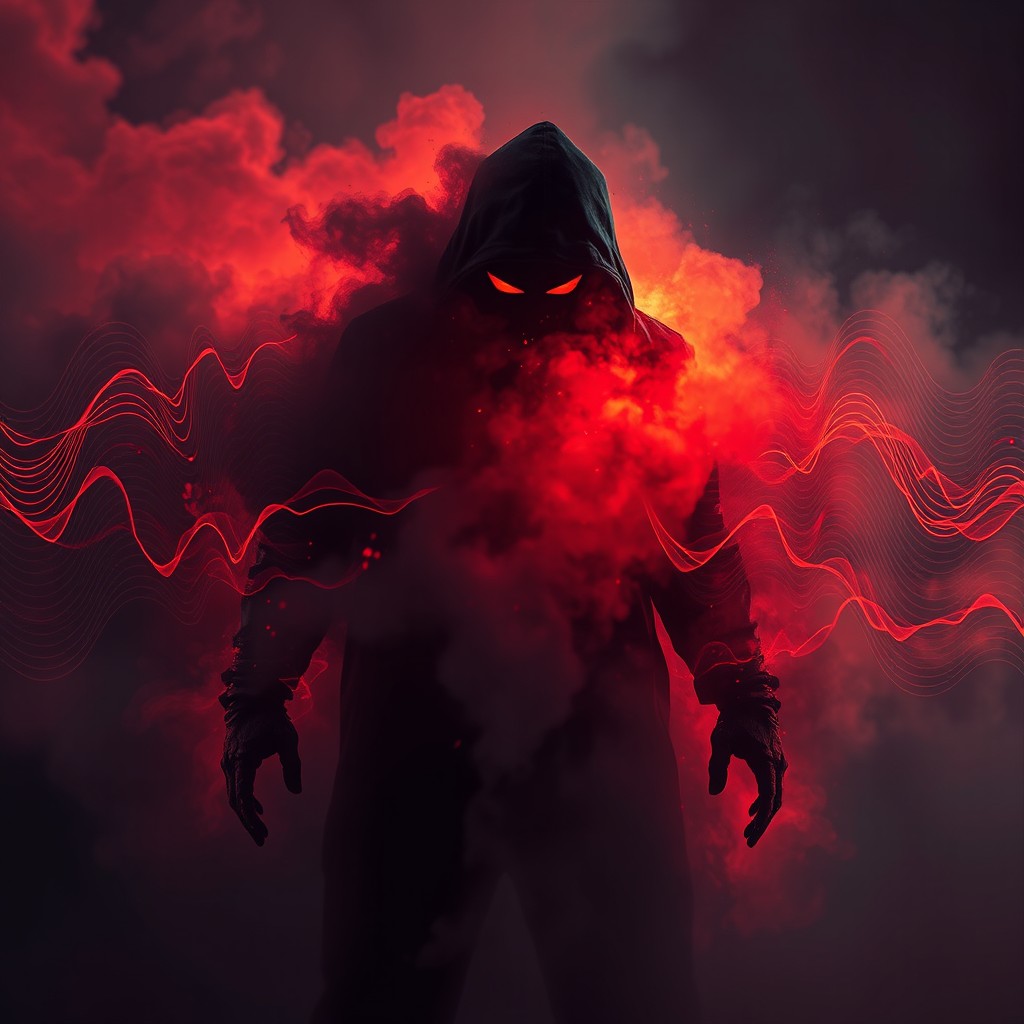 An abstract visualization of sound depicted as pulsing waves in the shape of a bad man figure, with textures of smoke and fire