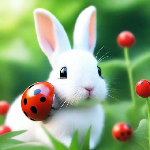 An adorable digital art image showcasing a vibrant red ladybug perched gently on the nose of a fluffy white bunny