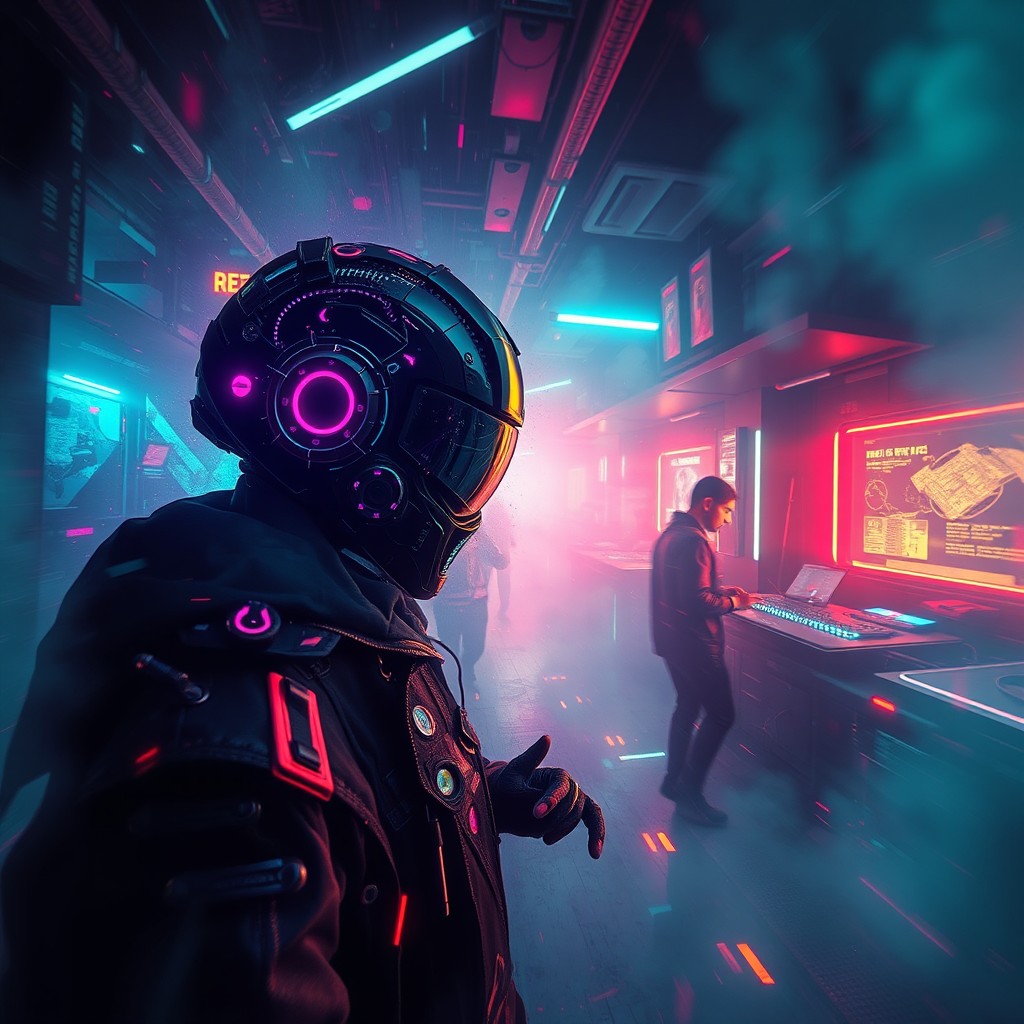 An electro punk and Electro dark techno style artwork that embodies a technological atmosphere filled with powerful bass, a vivid sensation of movement and energy