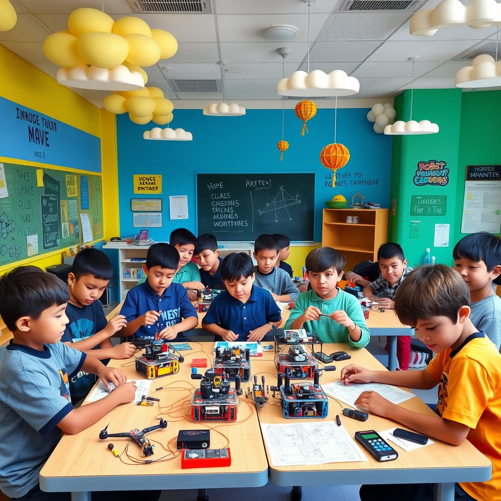A vibrant classroom designed to inspire creativity and innovation in children and teenagers aged 8 and above