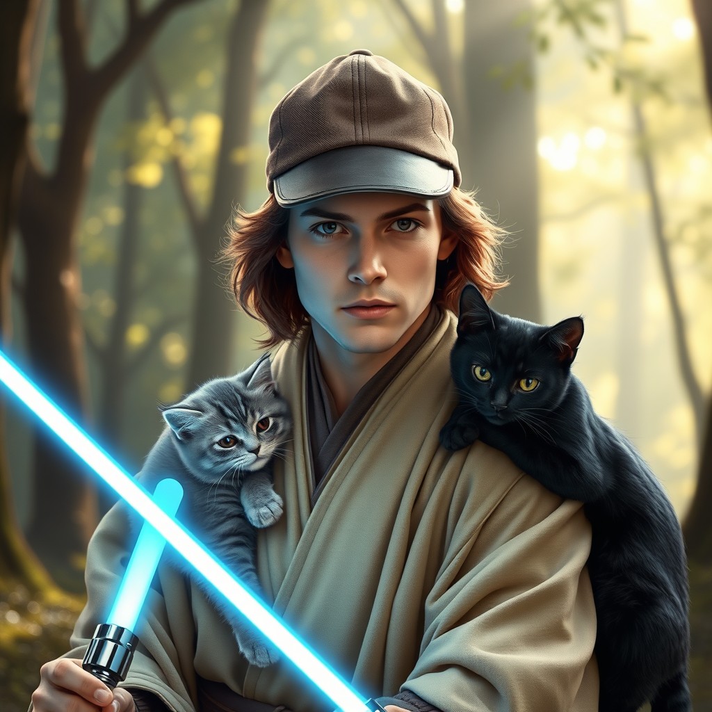 A Jedi wearing a stylish cap, wielding a glowing lightsaber, and accompanied by two playful cats