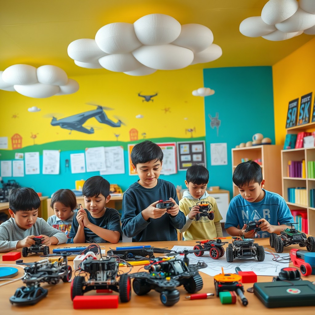A vibrant and imaginative classroom designed for children and teenagers over 8 years old, focusing on creativity and talent development
