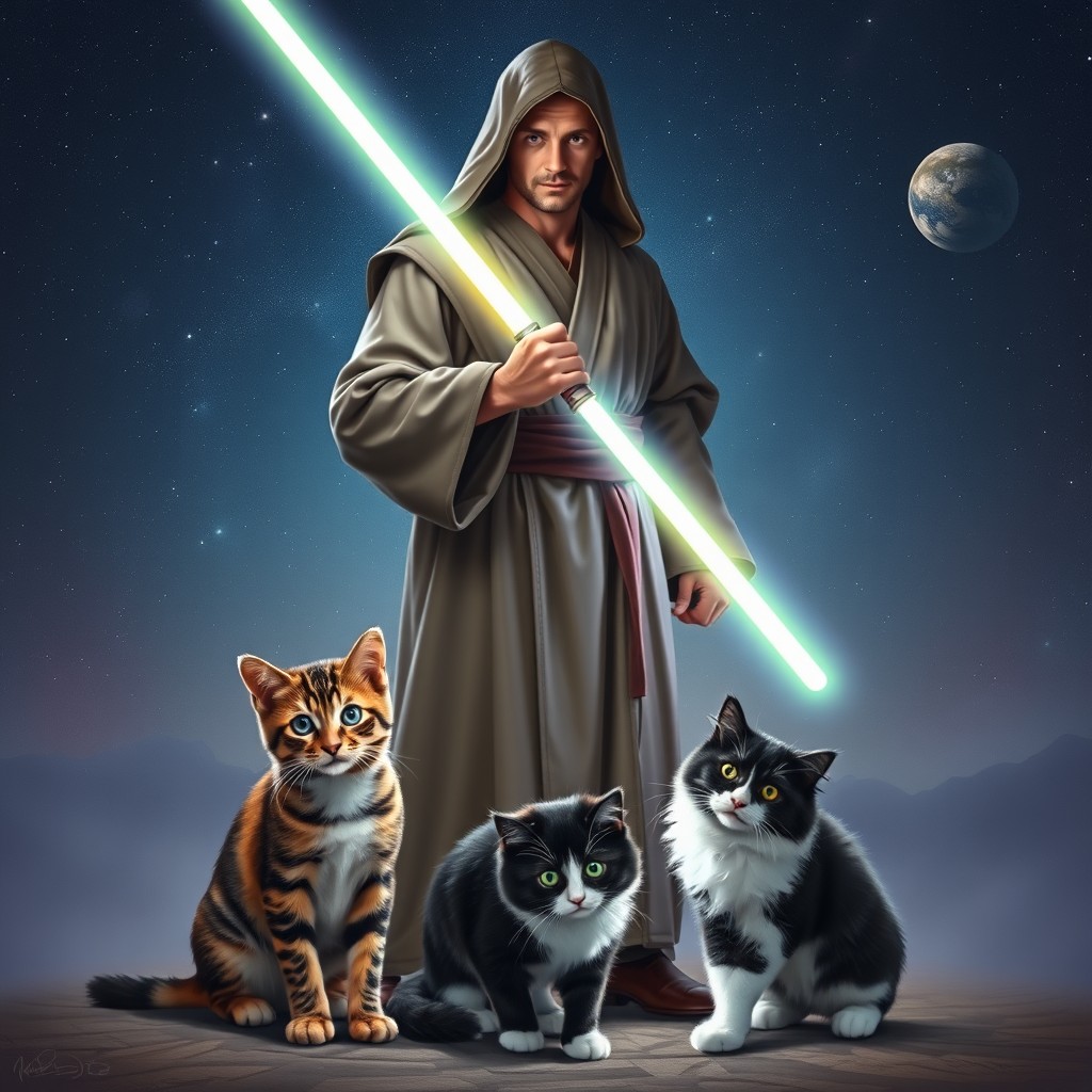 A heroic Jedi knight standing proudly with a glowing lightsaber in hand, wearing traditional Jedi robes with a hood partially down