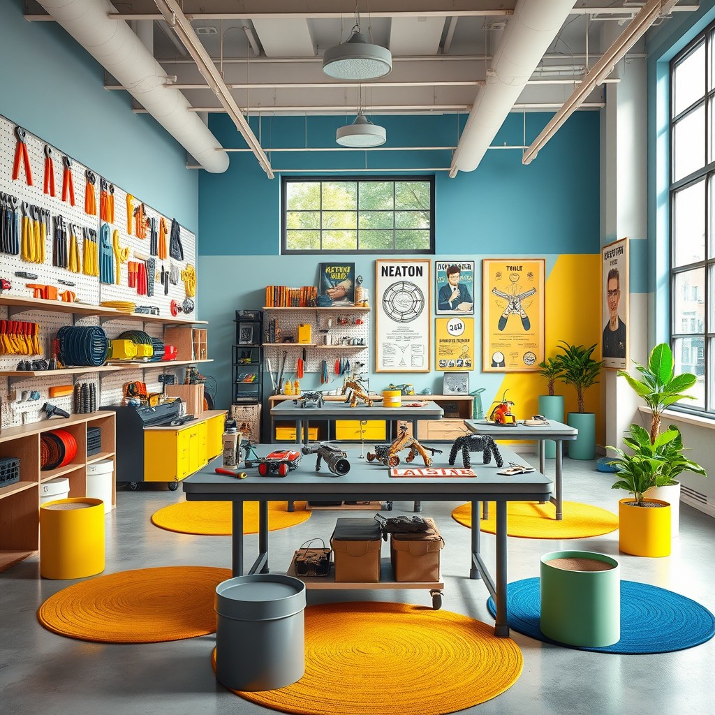 A vibrant and inspiring creative workshop for nurturing the talents of children and teenagers, depicted in cinematic realism with dramatic natural lighting and photoreal rendering