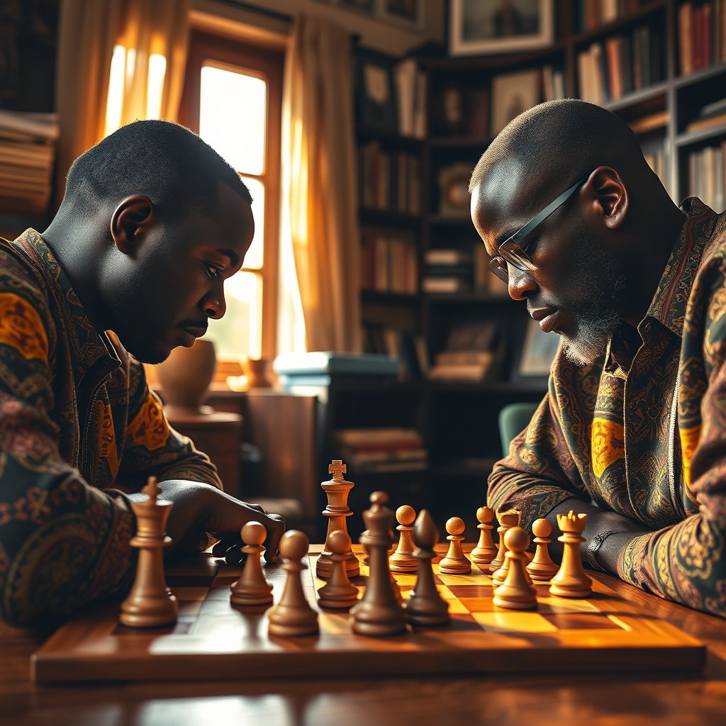 Two African men engaged in an intense chess match, both leaning forward, deep in thought as they prepare to make their next move on a beautifully crafted wooden chessboard