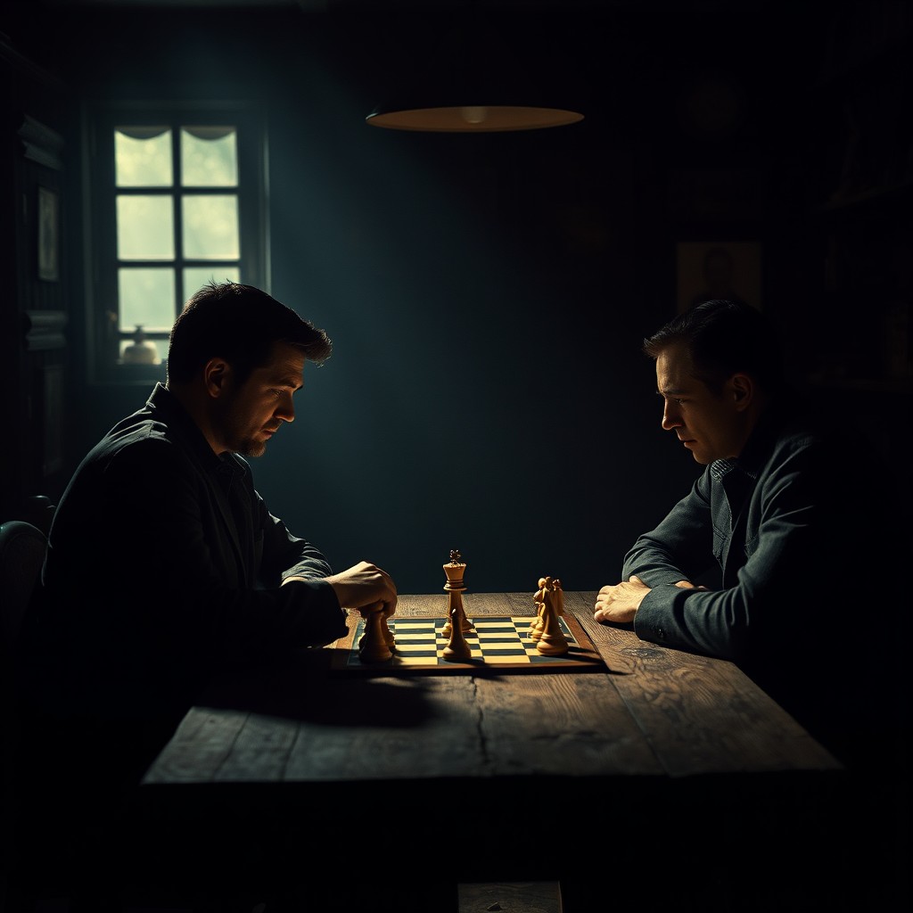 In a dimly-lit room, two individuals are intensely focused on a chess game, sitting across from each other at a rustic wooden table