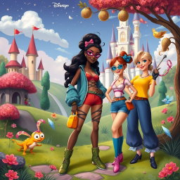 A whimsical fantasy scene featuring stylized characters inspired by classic Disney animations, alluding to themes of empowerment and bold self-expression