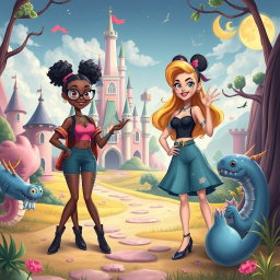 A whimsical fantasy scene featuring stylized characters inspired by classic Disney animations, alluding to themes of empowerment and bold self-expression