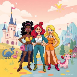 A whimsical fantasy scene featuring stylized characters inspired by classic Disney animations, alluding to themes of empowerment and bold self-expression