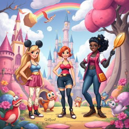 A whimsical fantasy scene featuring stylized characters inspired by classic Disney animations, alluding to themes of empowerment and bold self-expression