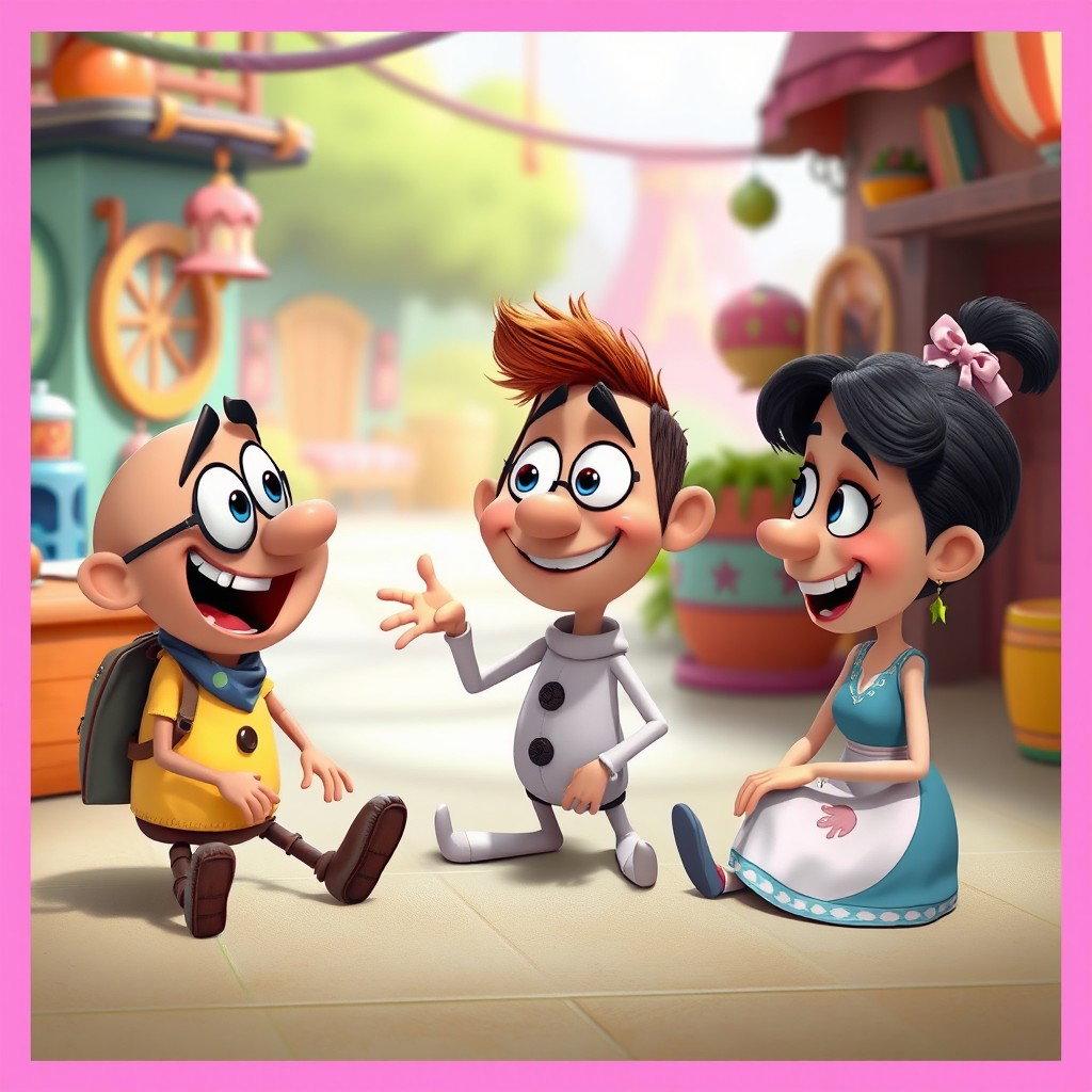 An imaginative, humorous scene featuring three stylized characters inspired by Pixar animations, engaging in a lighthearted, playful interaction