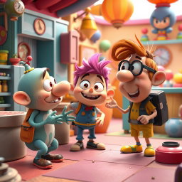 An imaginative, humorous scene featuring three stylized characters inspired by Pixar animations, engaging in a lighthearted, playful interaction