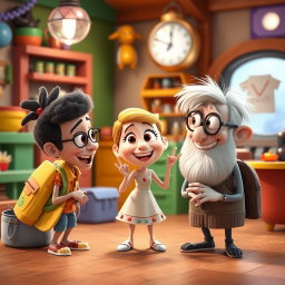 An imaginative, humorous scene featuring three stylized characters inspired by Pixar animations, engaging in a lighthearted, playful interaction
