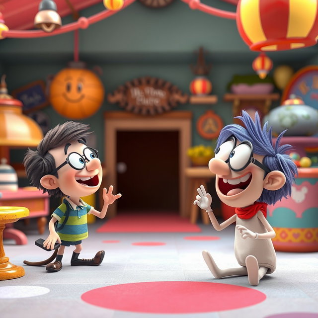 An imaginative, humorous scene featuring three stylized characters inspired by Pixar animations, engaging in a lighthearted, playful interaction